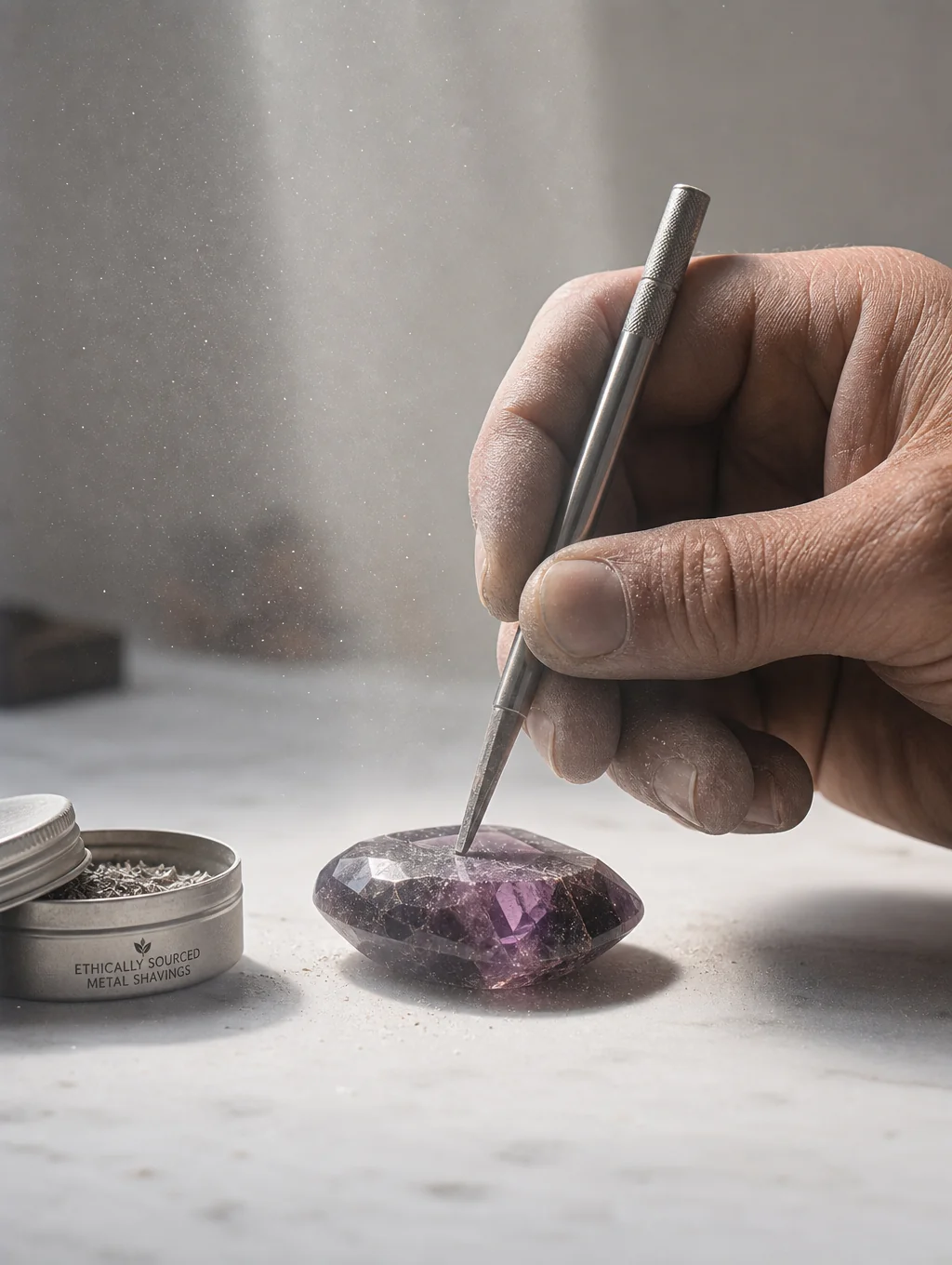 Artisan hands gently shaping a jade pendant with a water-fed diamond rotary tool