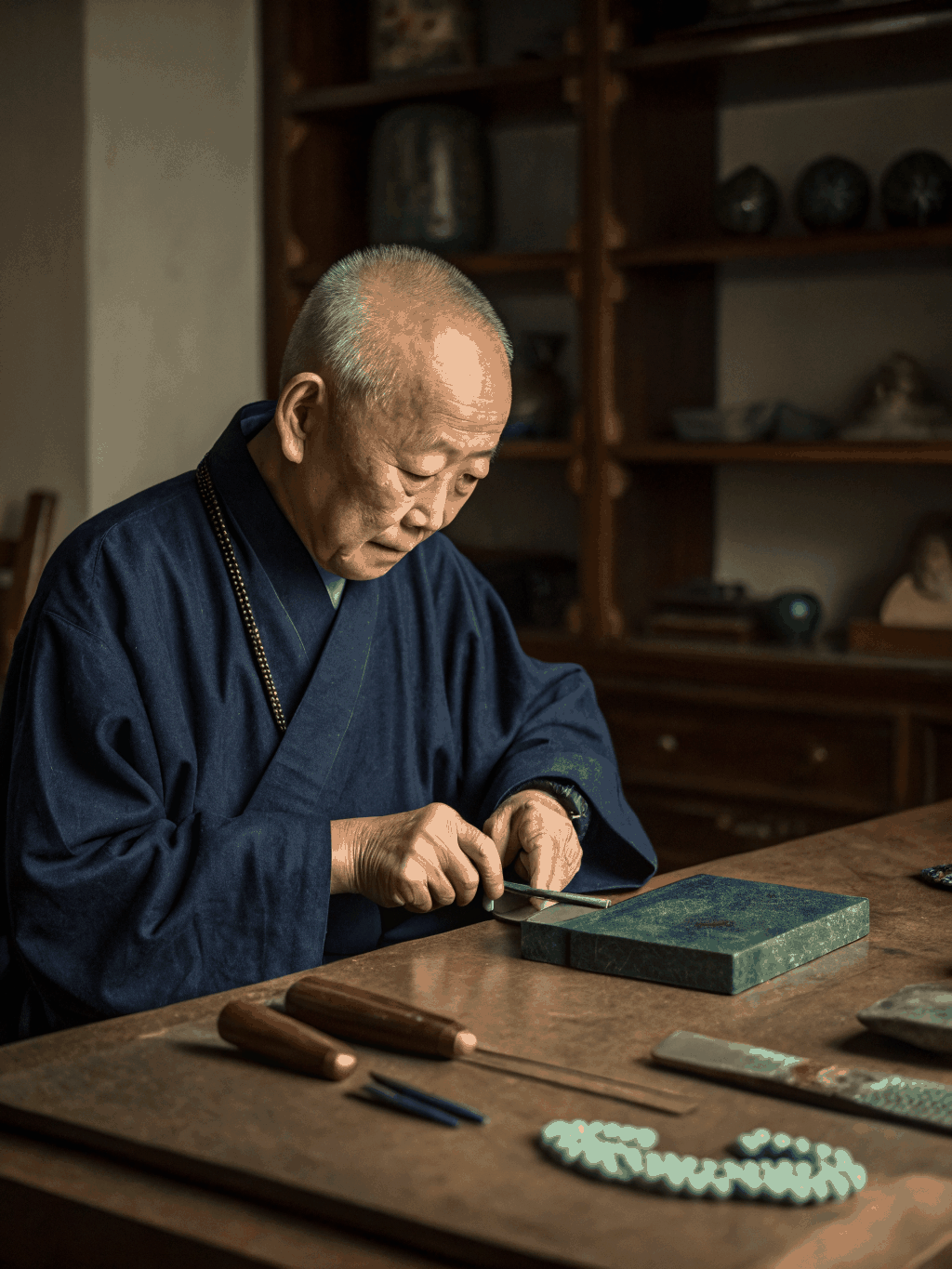 Master artisan carving raw jadeite with water lubrication under soft directional light