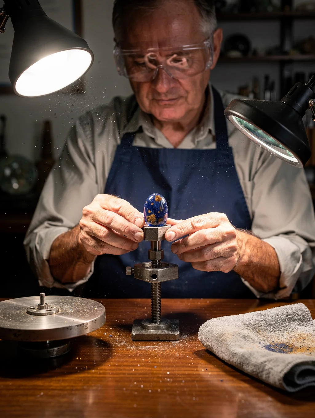 Master gemologist examining a raw jadeite boulder with a focused appraisal light
