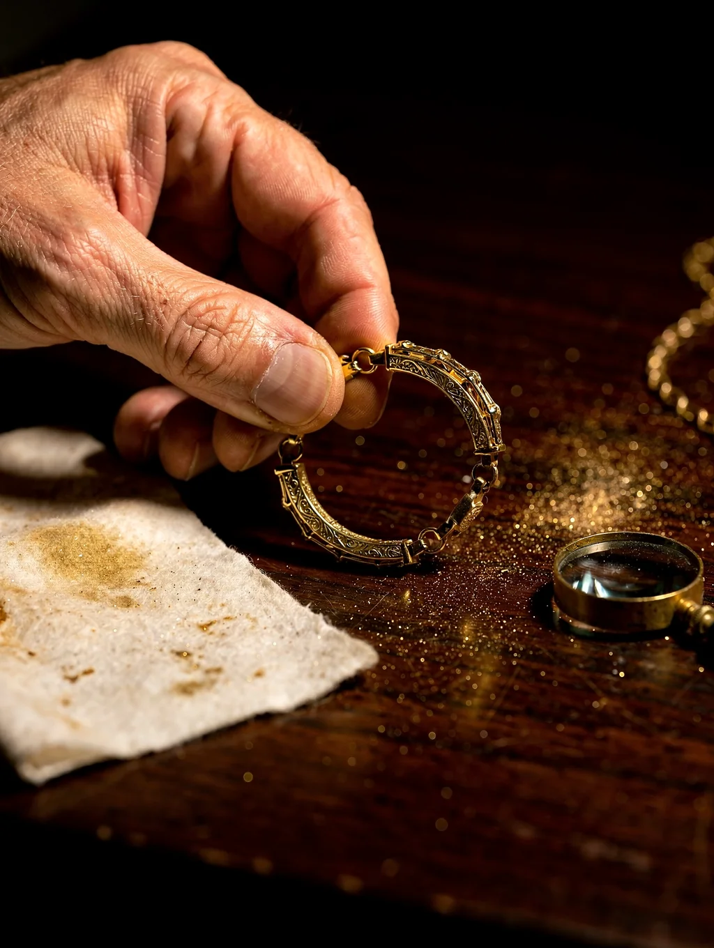 Master polisher applying bamboo wheel buffing to an intricately sculpted jadeite bangle