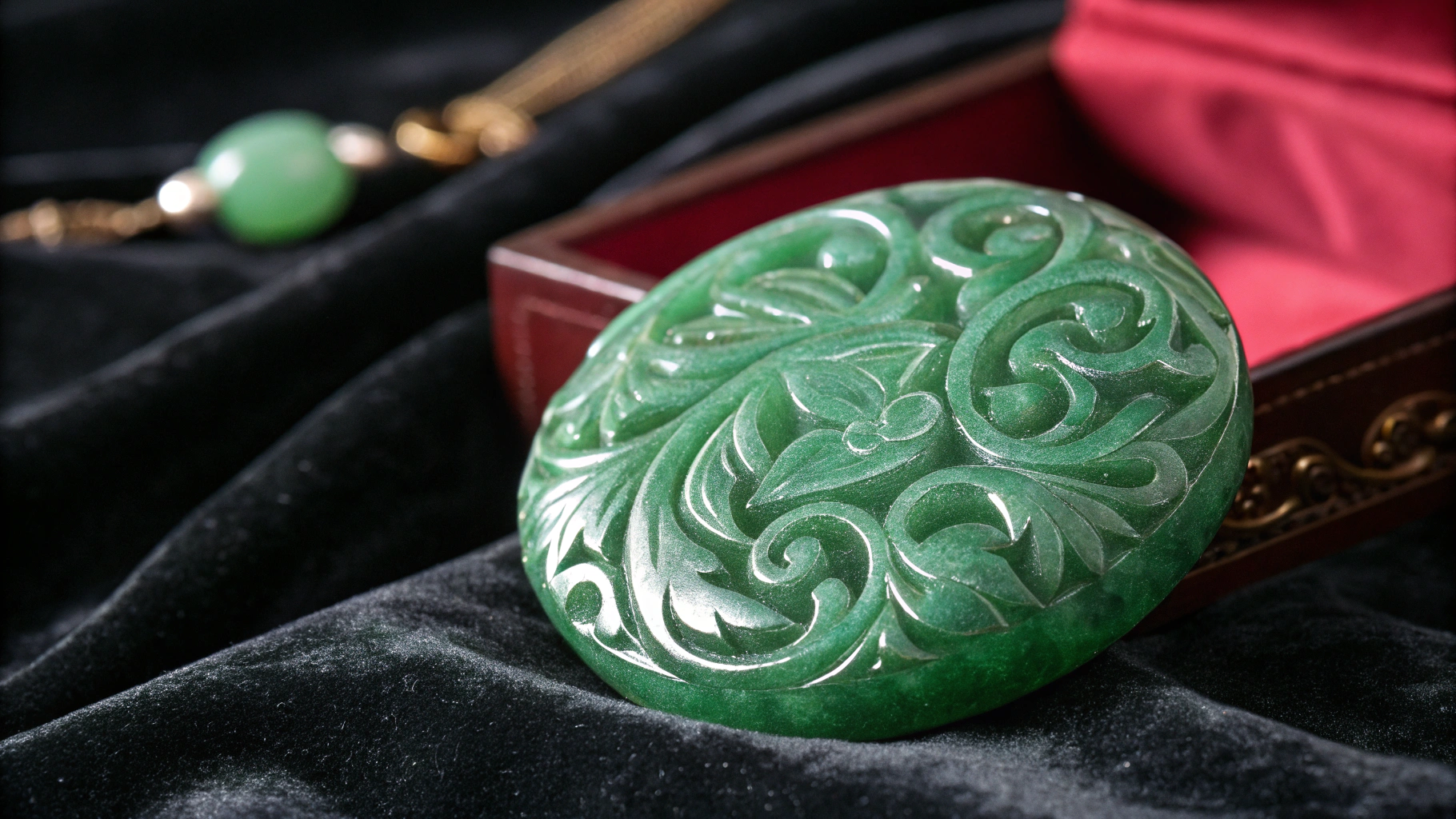 Intricately carved translucent emerald green jadeite artwork in gallery lighting