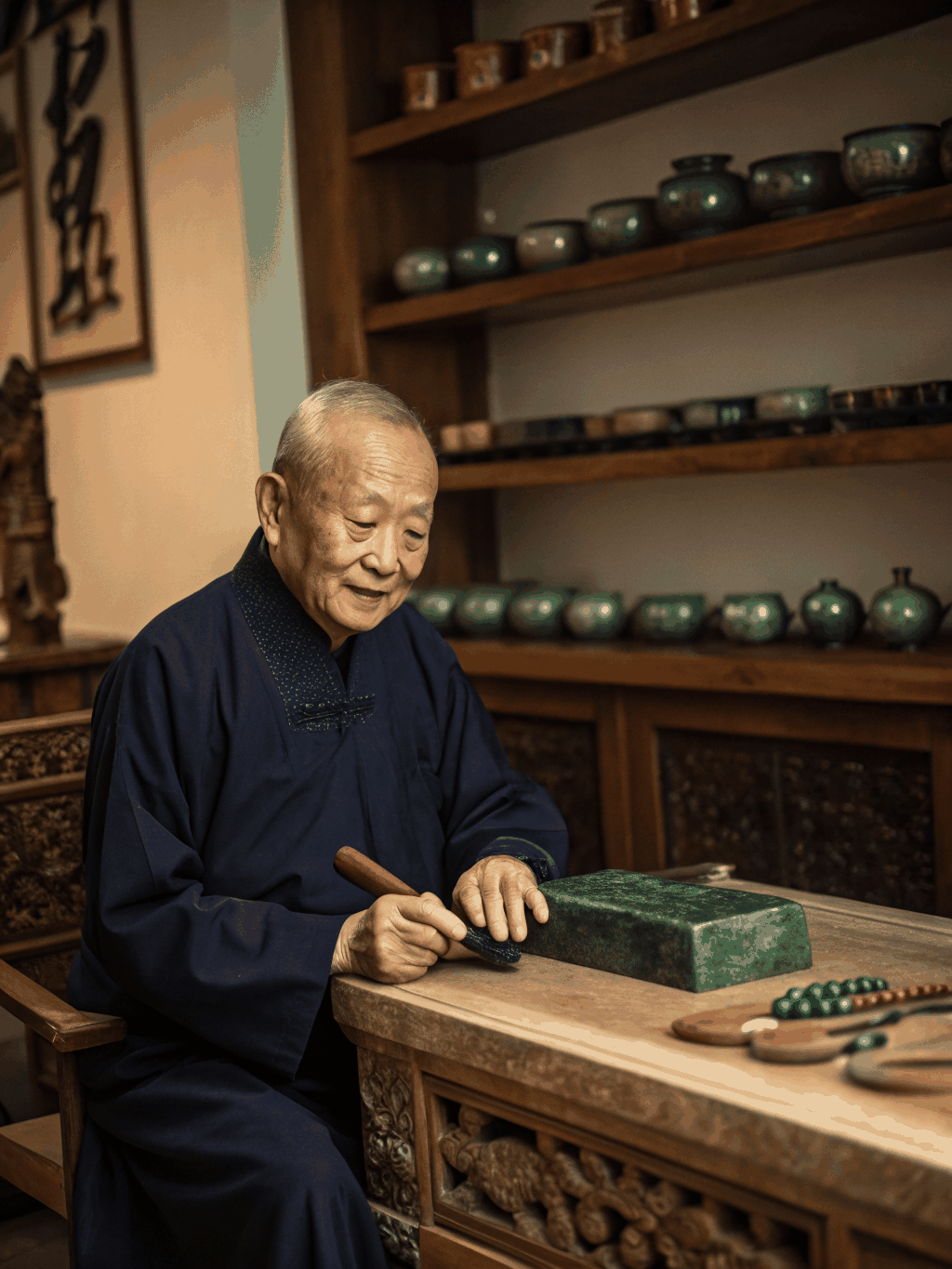 Master jade artisan hand-carving a translucent jadeite pendant in the workshop